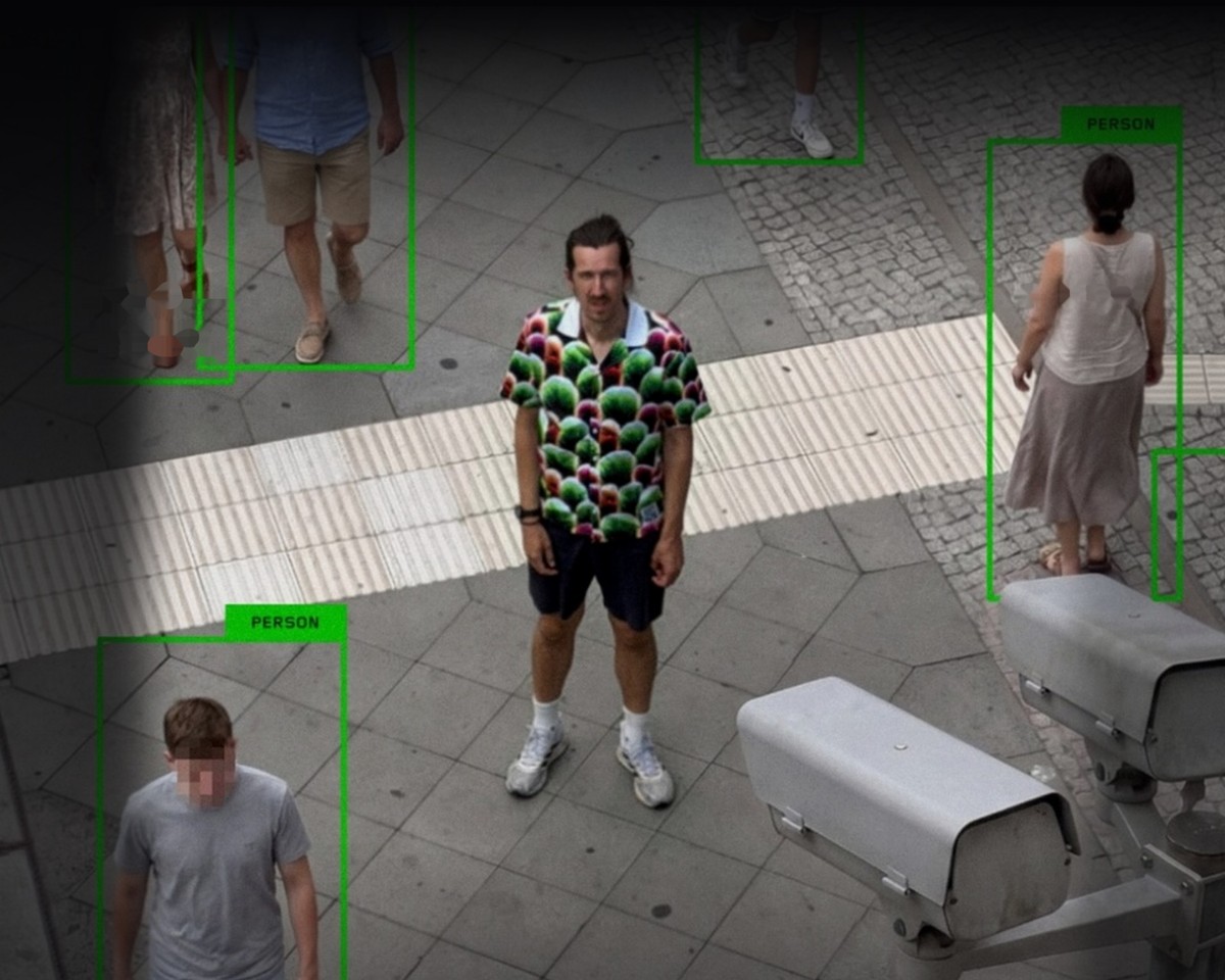 Demo photo of the Digital Camouflage shirt with detection boxes on everyone except the wearer