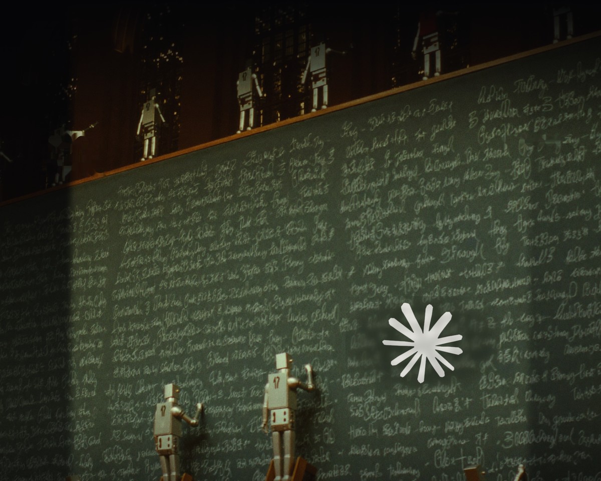 Illustration of small robots writing a proof across a giant blackboard
