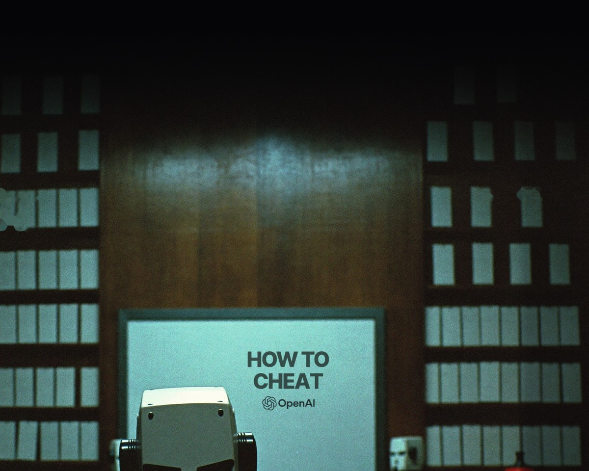 A robot pinning notes across the walls of a dim archive room