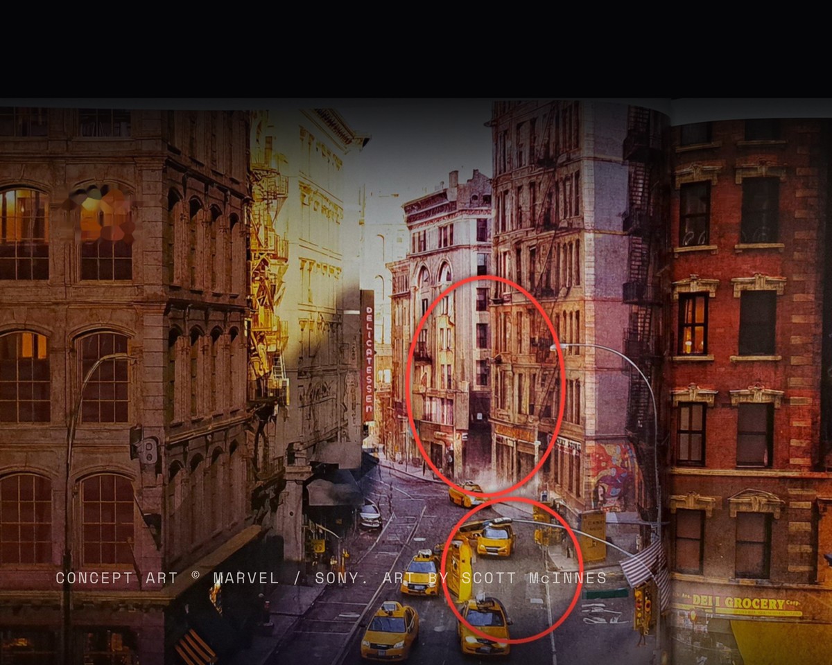 Concept art spread from the Spider-Man: Brand New Day art book with flagged details circled