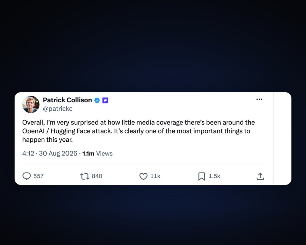 Screenshot of Patrick Collison's post about the OpenAI Hugging Face attack