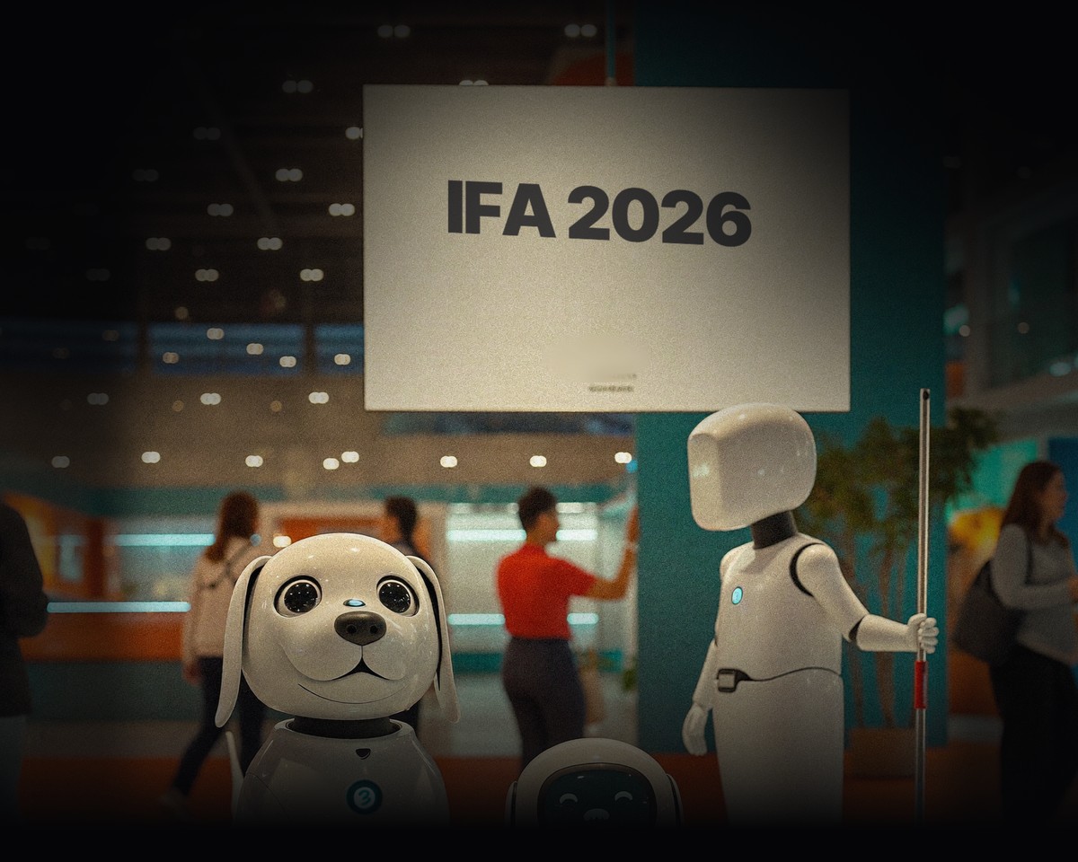 A robot dog, a small companion robot and a service humanoid at a tech expo